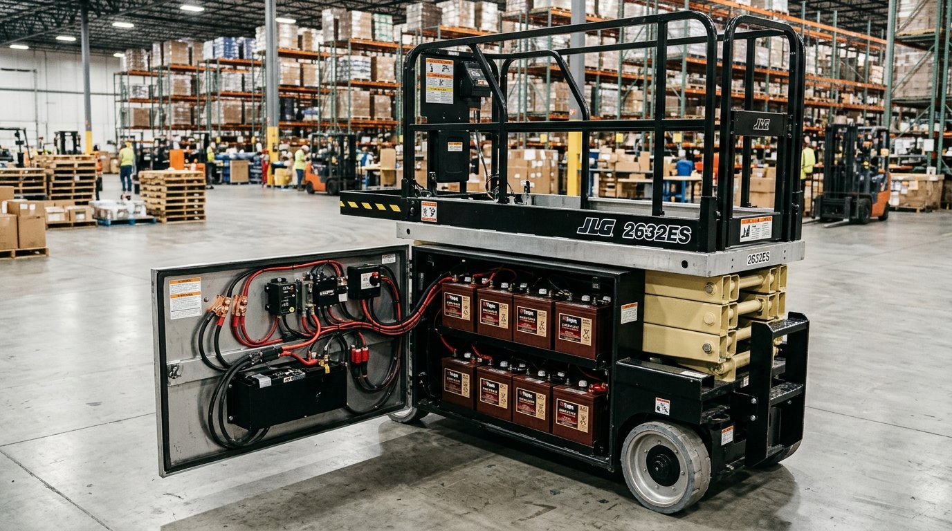 Electric scissor lift battery compartment showing lithium-ion power pack and smart charging system