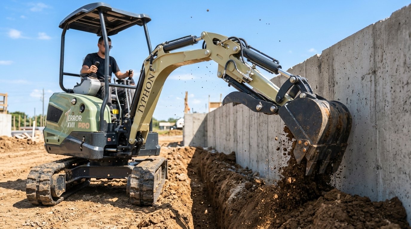 TYPHON TERROR XVII PRO compact mini excavator demonstrating independent boom swing articulation alongside a foundation wall
