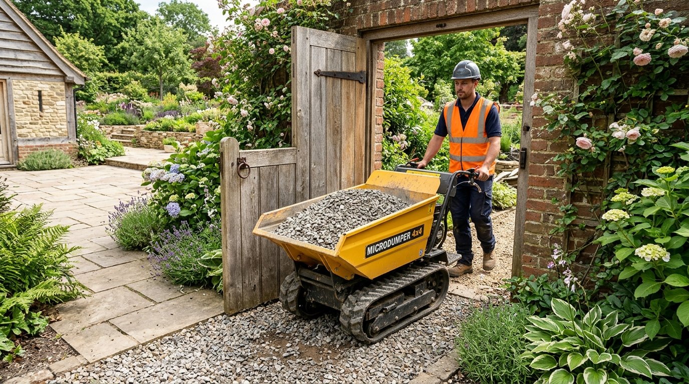 Compact 4x4 motorized power wheelbarrow site dumper hauling gravel through a narrow garden gate