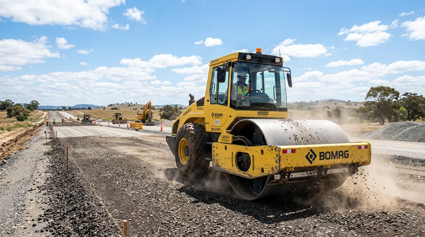 Single drum vibratory soil compactor climbing an incline while compacting granular fill