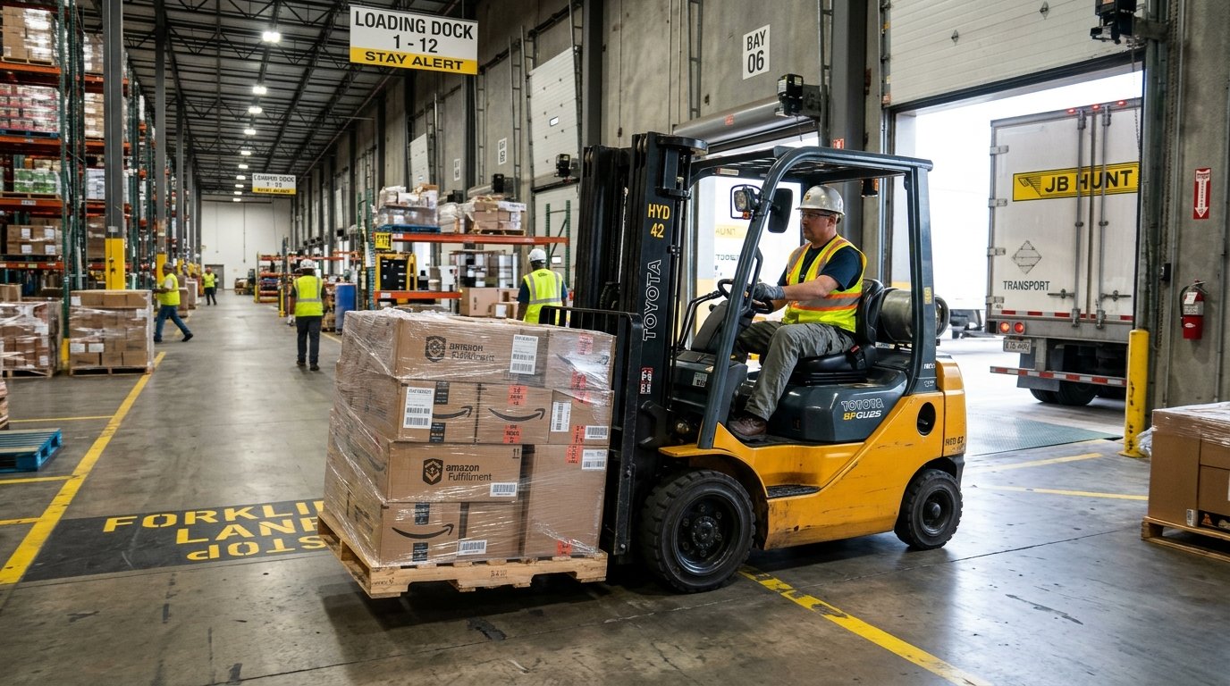 Counterbalance forklift transporting a heavy pallet load with mast tilted back and forks low to the ground
