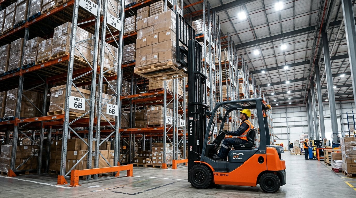 Industrial warehouse forklift extending triple stage mast to high-bay racking
