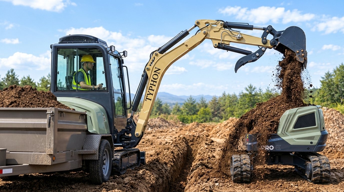 Enclosed-cab TYPHON mini excavator trenching with precision control to maximize fuel efficiency