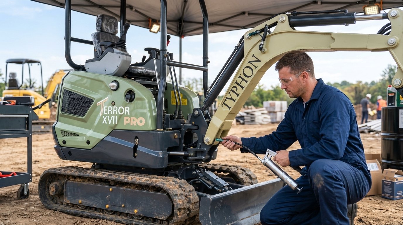 Technician greasing TYPHON TERROR XVII PRO mini excavator boom bushings during 250-hour service