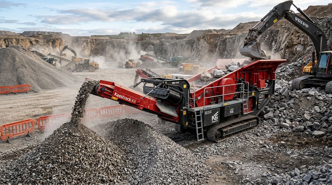 Tracked mobile jaw stone crusher processing concrete rubble and rock at a recycling site