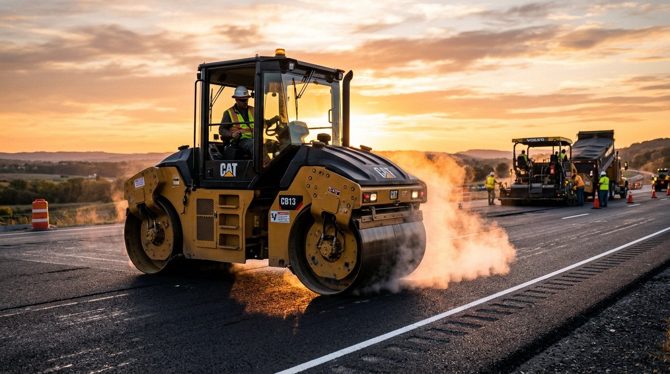 Heavy vibratory tandem asphalt road roller compacting hot mix asphalt on highway paving project