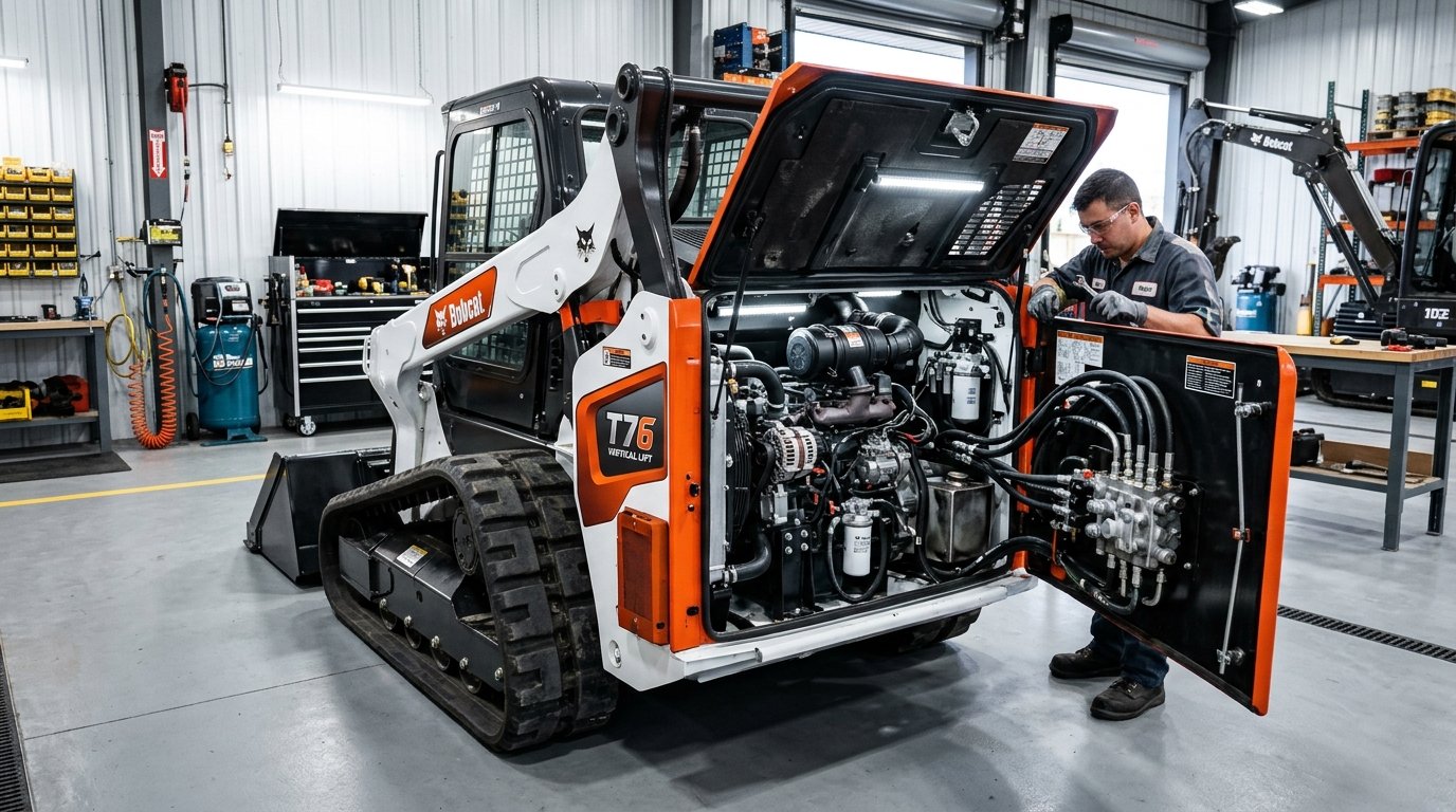 High-output diesel engine bay of a modern compact skid steer showing hydraulic pumps and turbocharger