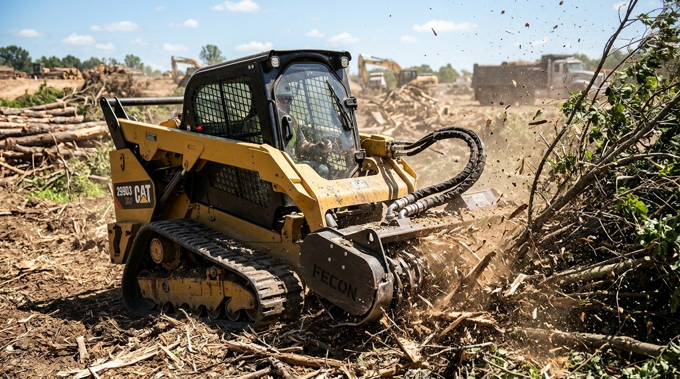 High-flow hydraulic mulcher head mounted on a commercial compact track loader