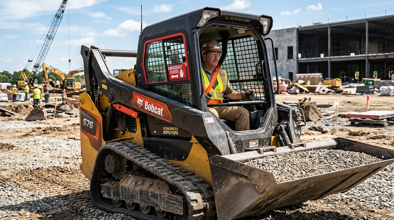 Modern skid steer cab interior showing ROPS certified canopy, safety seat interlock bar, and panoramic visibility mirrors