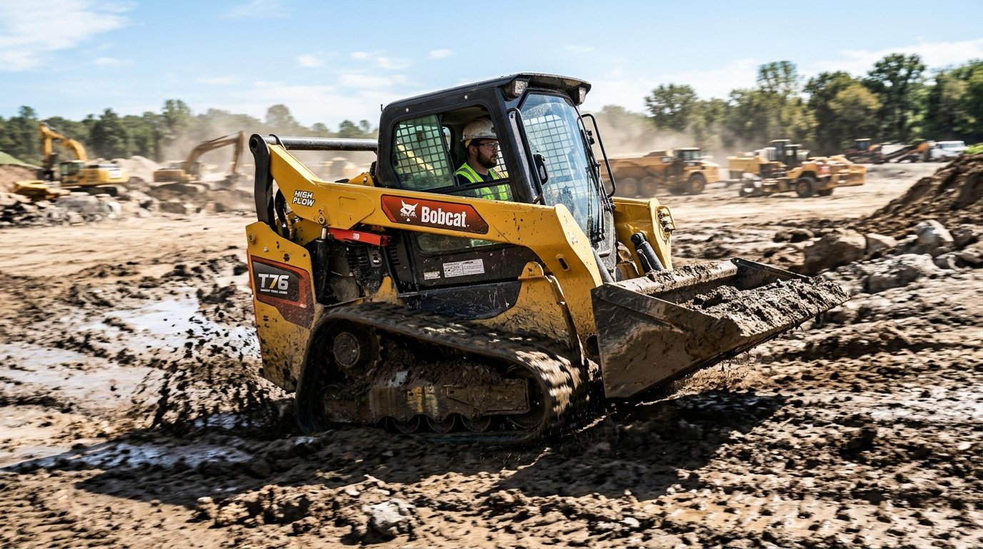 Compact track loader navigating muddy slope alongside a wheeled skid steer on a construction site
