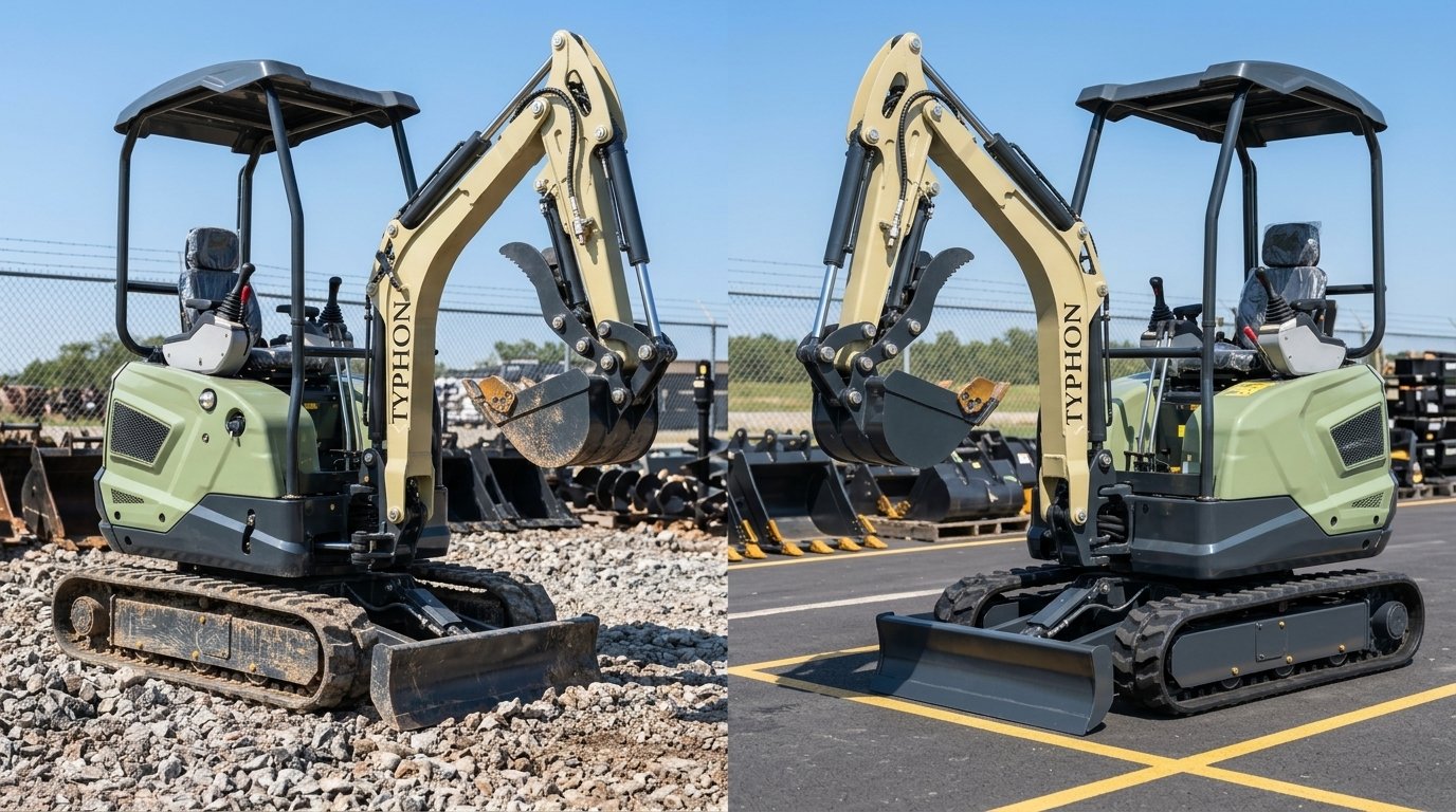 Comparison of TYPHON mini excavators showing heavy-duty steel tracks on rock vs continuous rubber tracks on asphalt