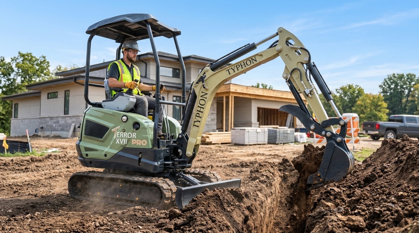 TYPHON TERROR XVII PRO mini excavator trenching on an active commercial construction site