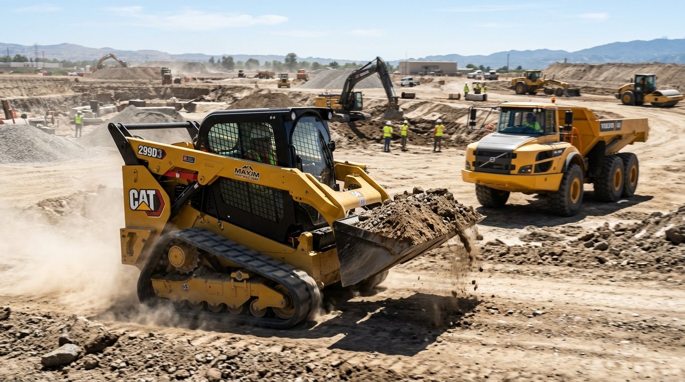 Tracked skid steer loader moving earth at high speed toward an awaiting dump truck on site