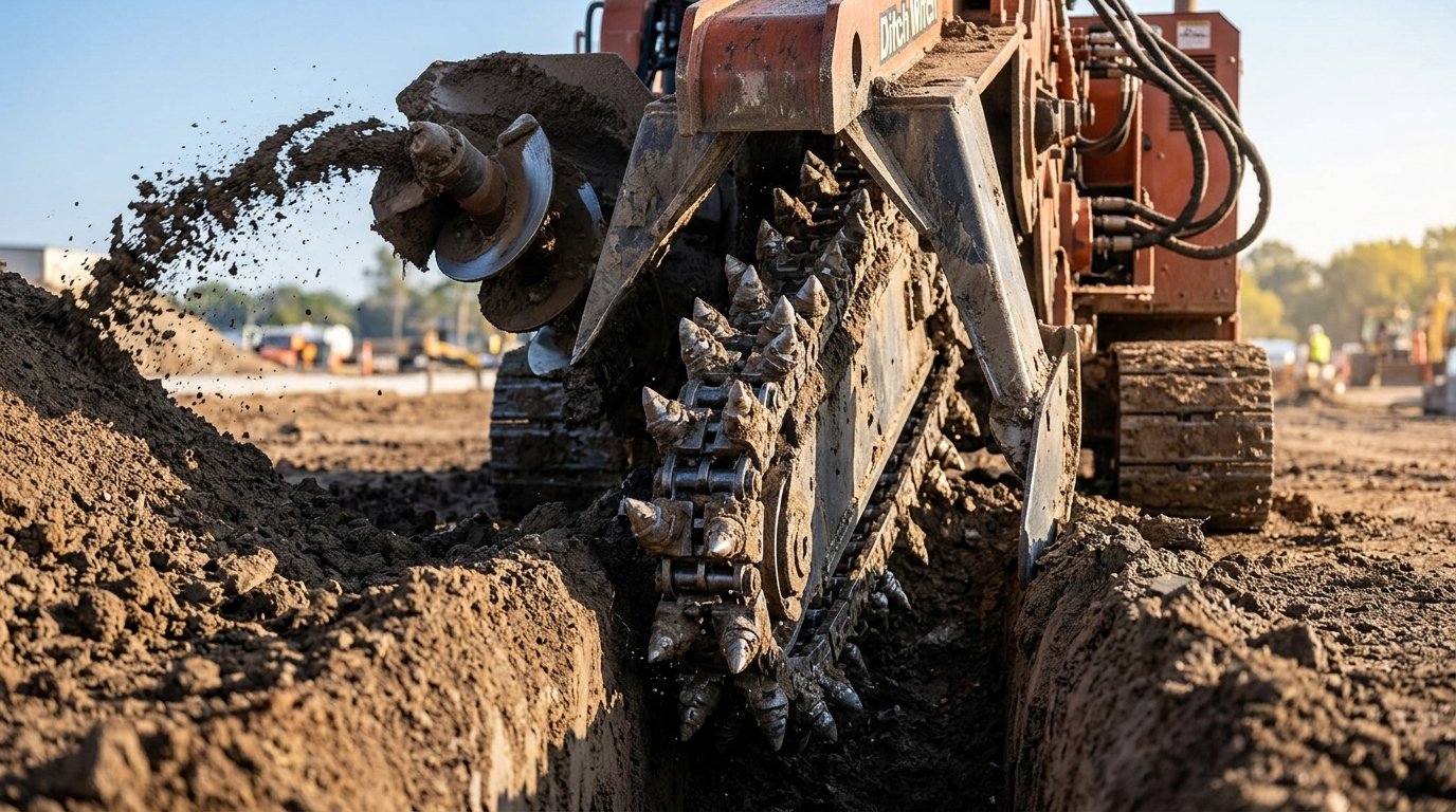 Close-up of heavy-duty trencher digging chain showing tungsten carbide bullet teeth cutting through clay soil